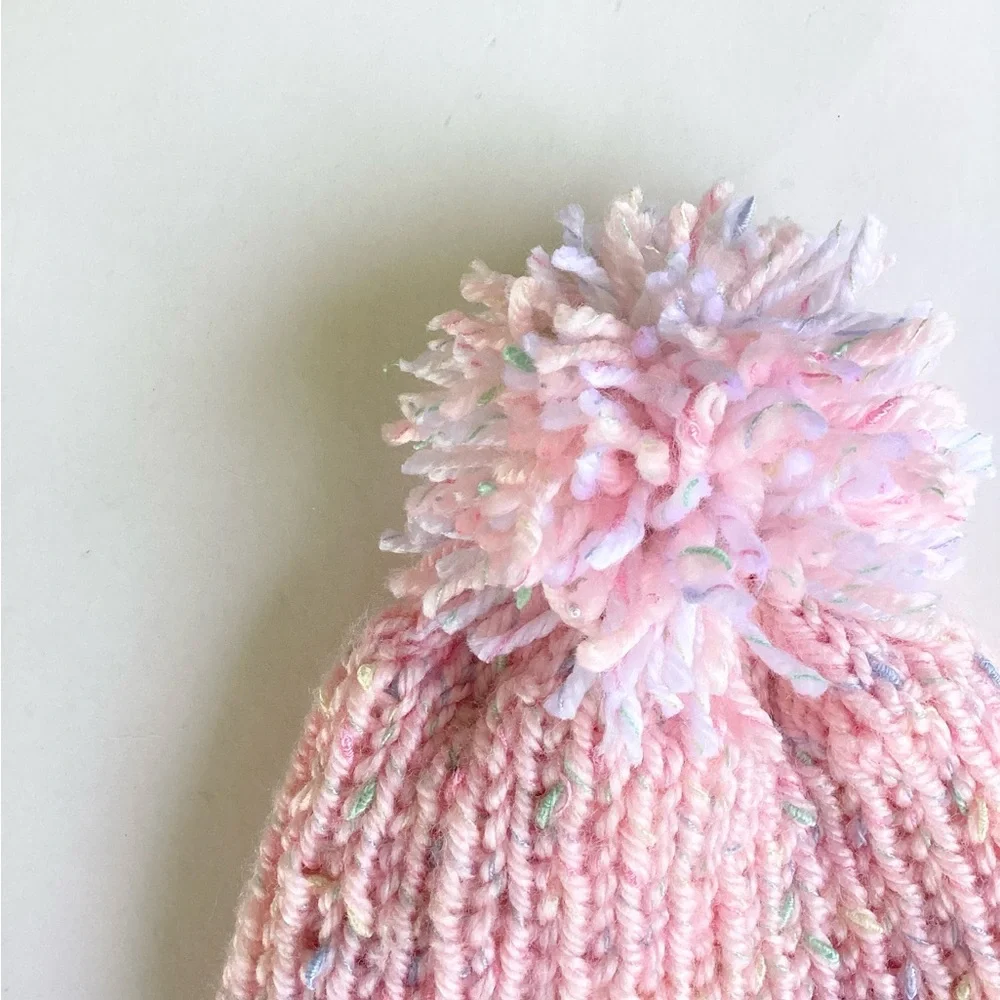 Beanie Pom Pom Hand Crafted Pastel Knit Pink White